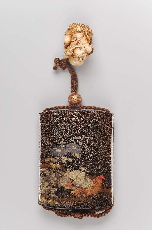 Four-case inro with design of a cockerel and hen amongst chrysanthemums