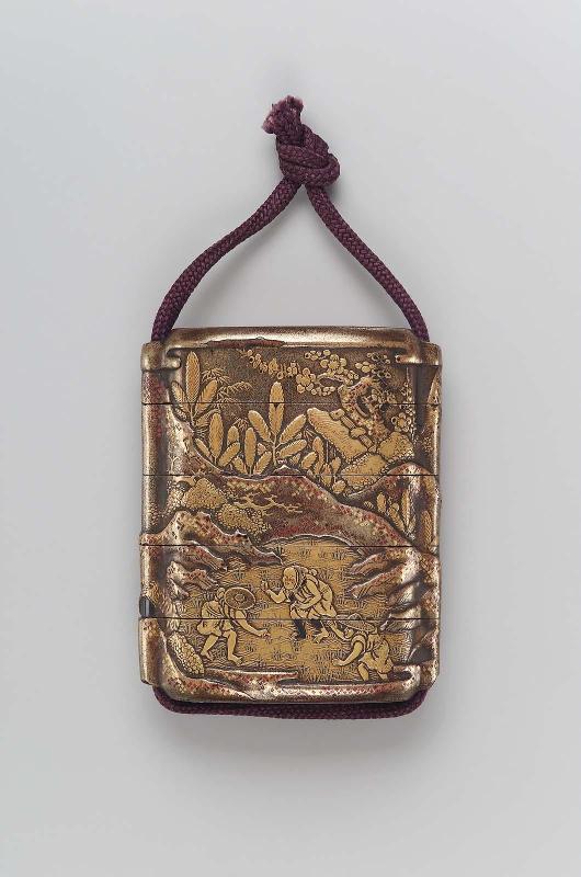 Four-case inro with farmers in a landscape