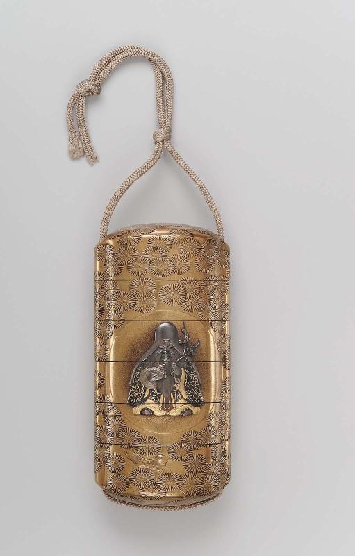 Five-case inro with design of Jurojin and cranes surrounded by stylized pines
