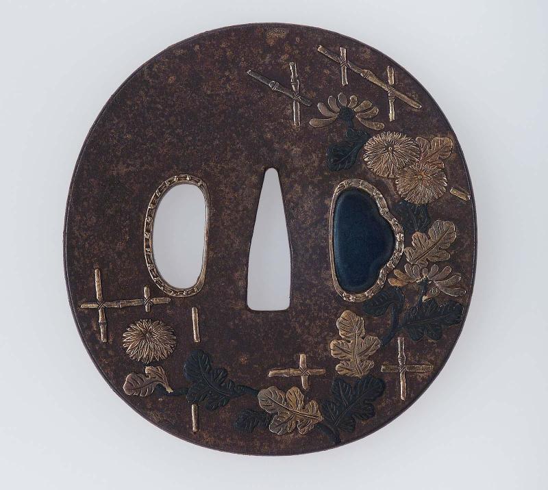 Tsuba with design of chrysanthemums and trellis