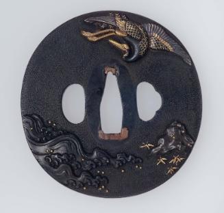 Tsuba with design of crane, rock and waves