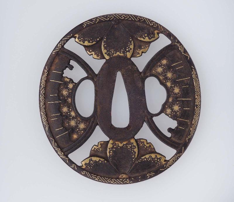 Tsuba with design of cherry blossom and uchiwa fans