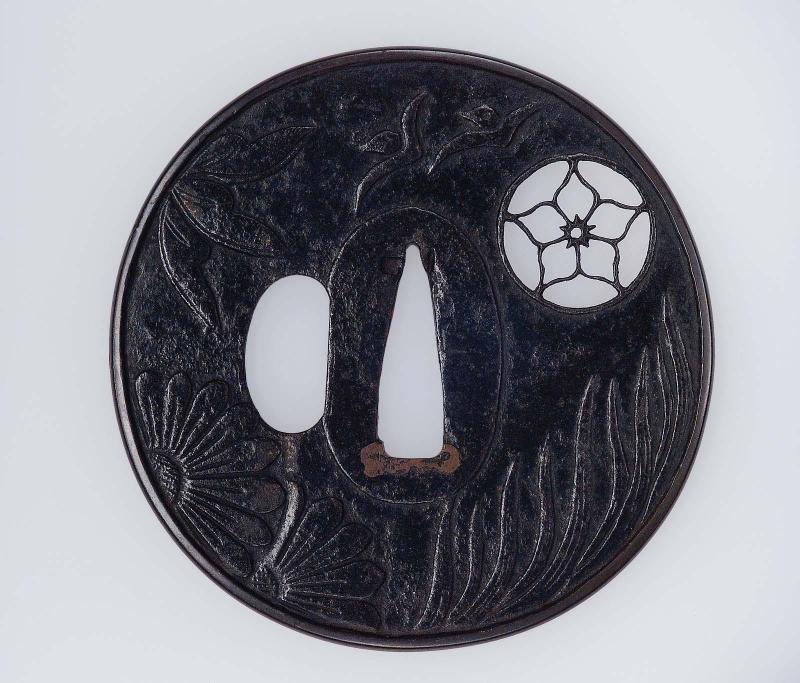Tsuba with design of chrysanthemums, wild geese and kikyo (Chinese bellflower)