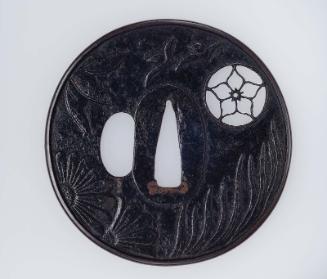 Tsuba with design of chrysanthemums, wild geese and kikyo (Chinese bellflower)