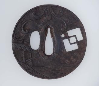 Tsuba with design of grasses, bridge, cloud and waves