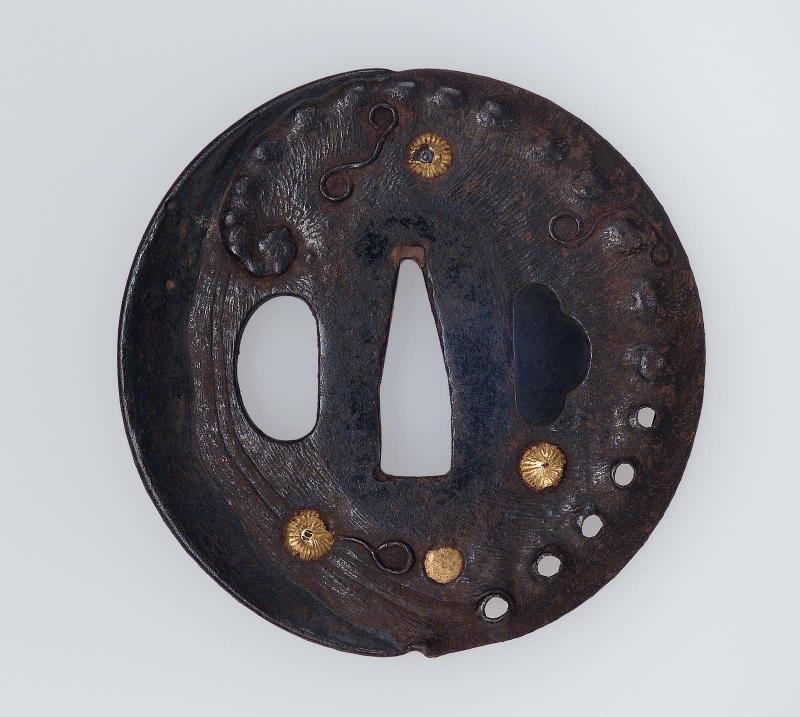 Tsuba with design of a clam and an awabi shell