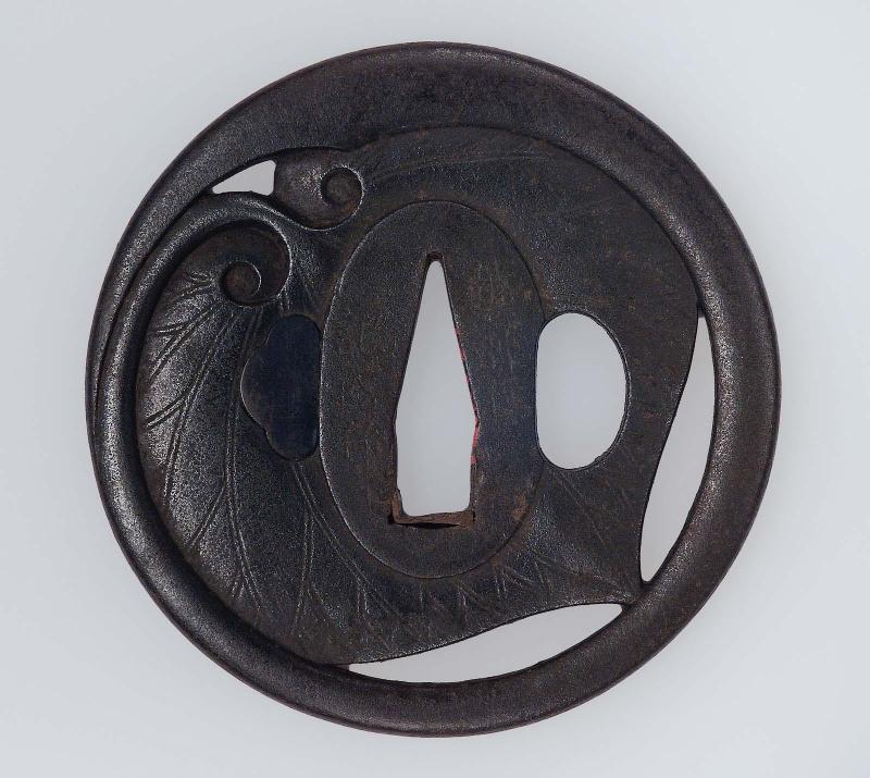 Tsuba with design of hollyhock leaf and stem