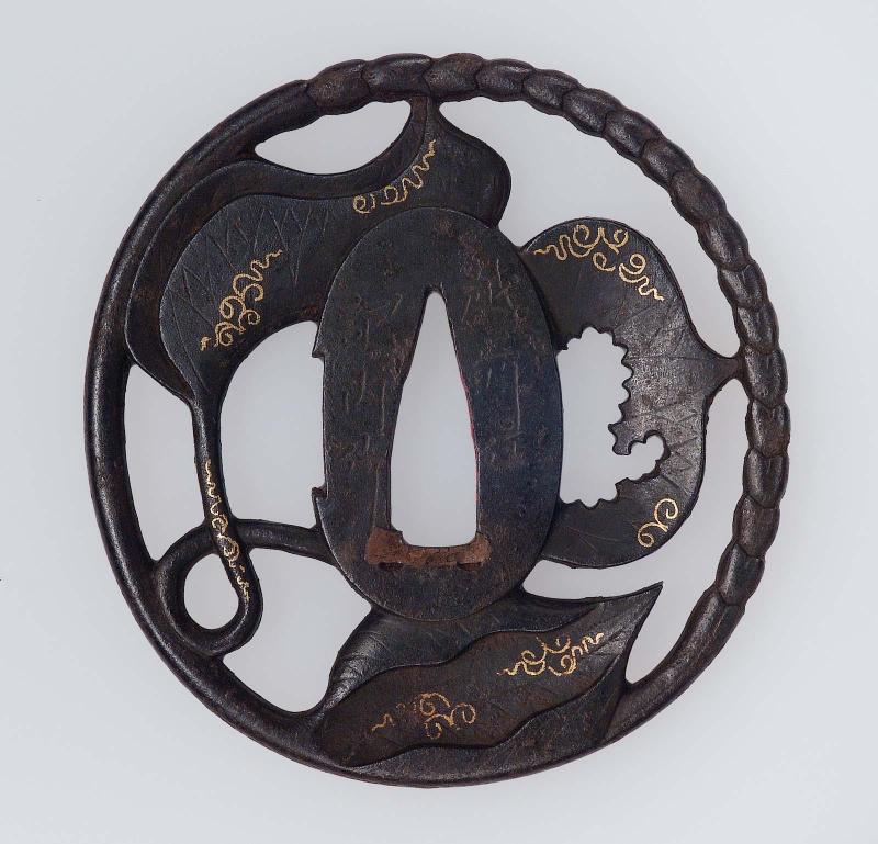 Tsuba with design of hollyhock leaves and stems