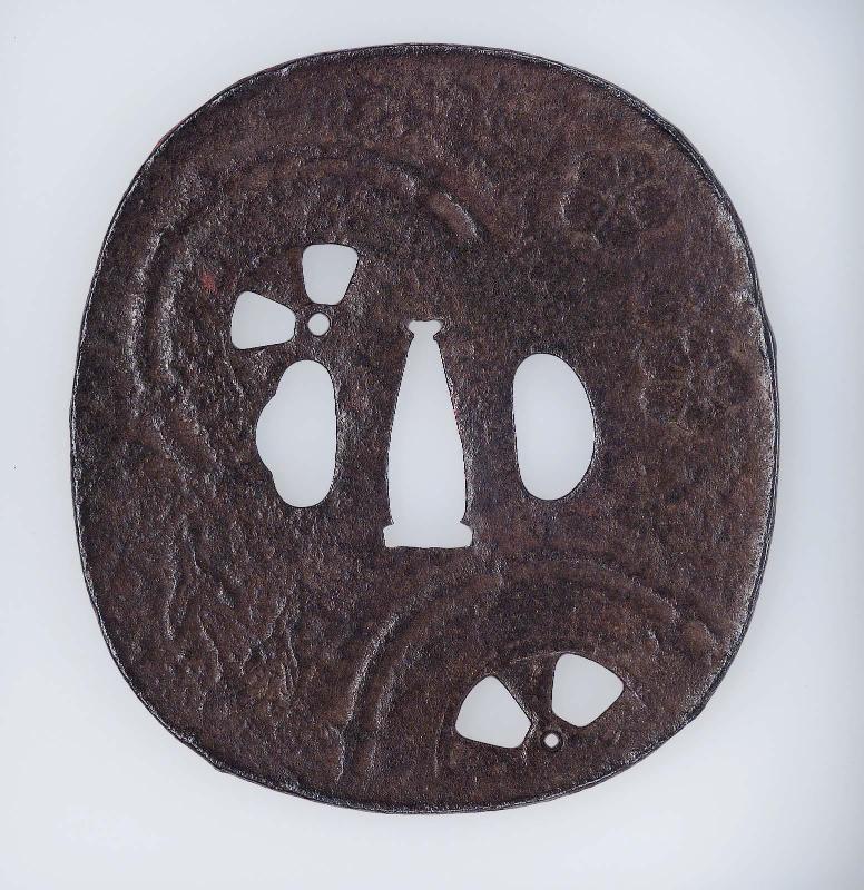 Tsuba with design of waterwheels, maples and cherry