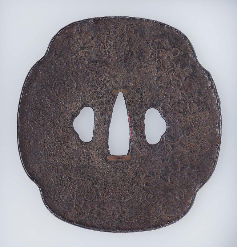 Tsuba with design of gourd vine and waterwheel