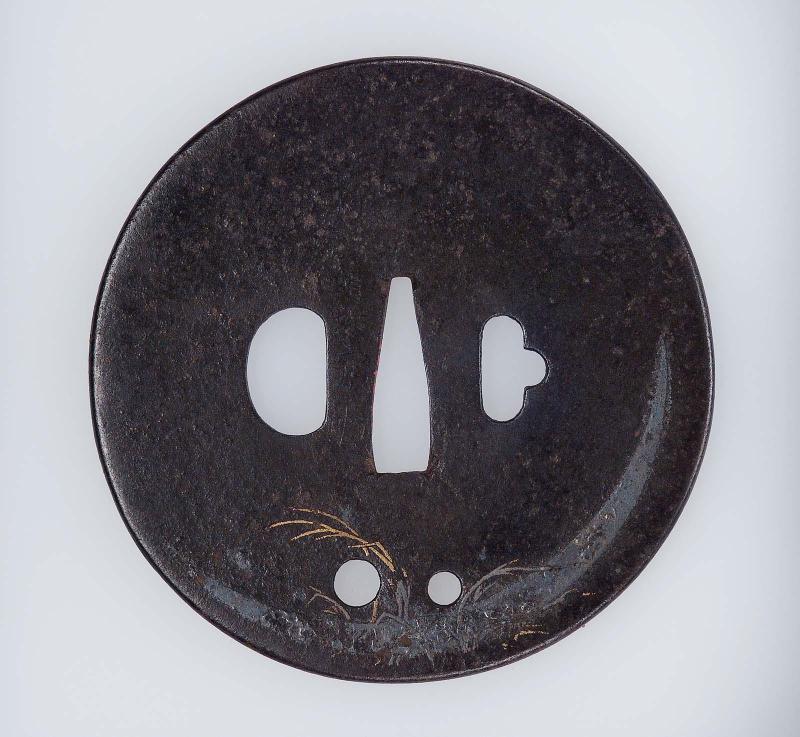 Tsuba with design of crescent moon and grasses