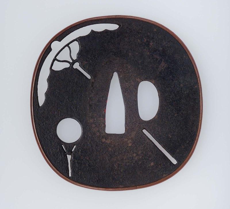 Tsuba with design of moon, umbrella and fan or mirror