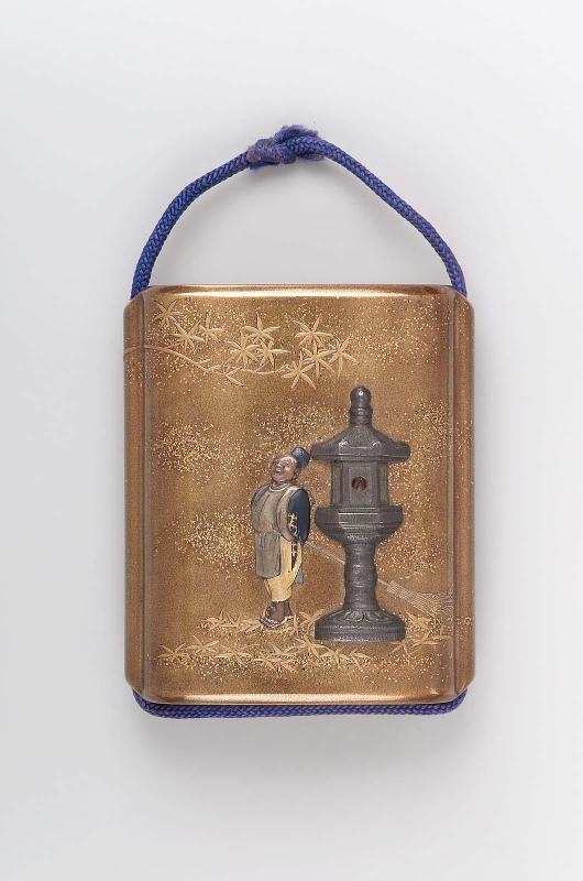 Four-case sheath inro with design of temple attendant and lantern