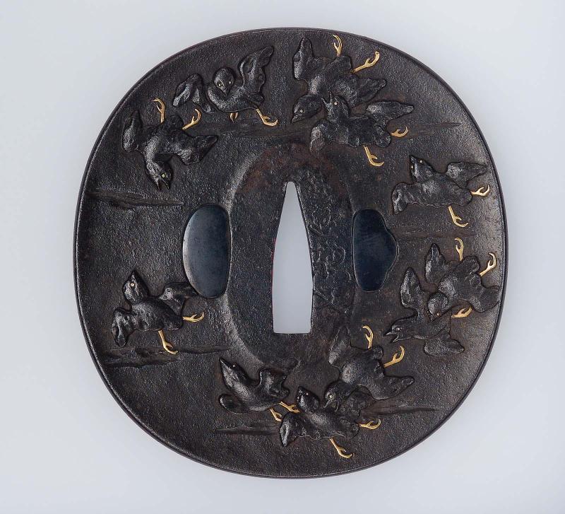 Tsuba with design of chidori and waves