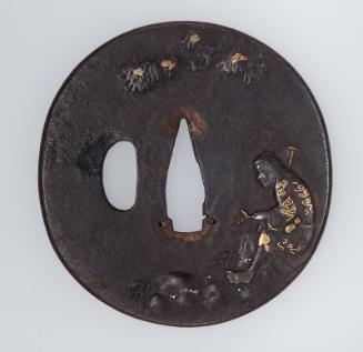 Tsuba with design of figure seated under a pine tree holding a stem with berries