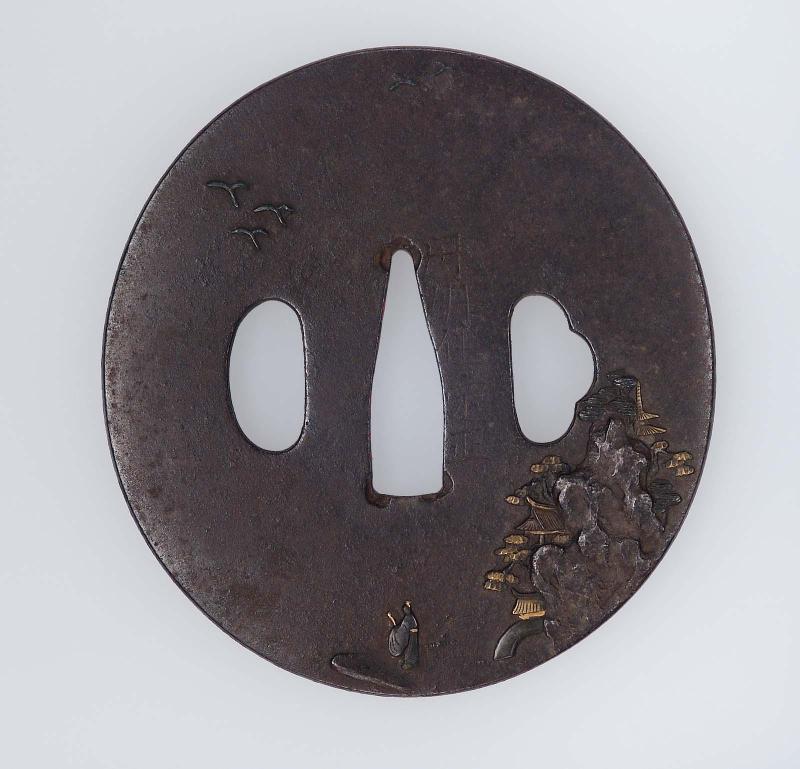Tsuba with design of landscape with pavilion, crags, birds and standing scholar