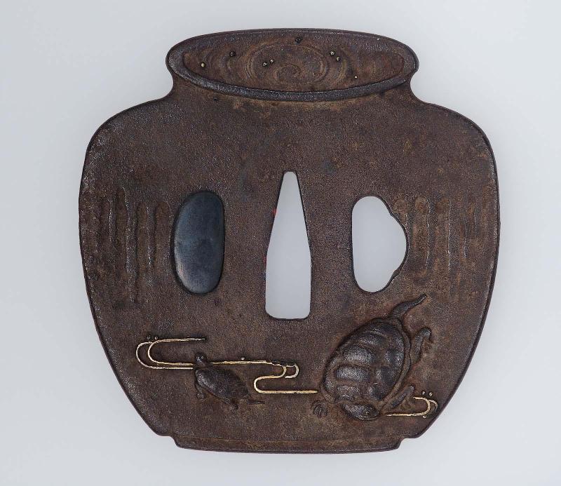 Tsuba with design of turtles and giant pot