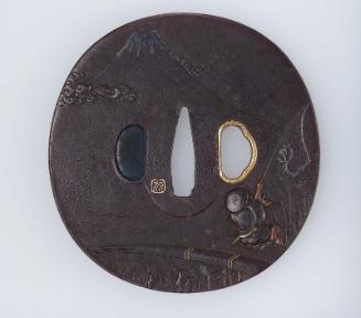 Tsuba with design of fisherman and Mount Fuji