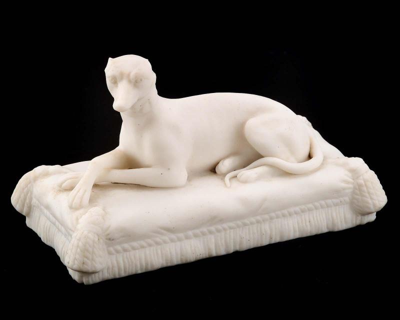 Greyhound lying on cushion