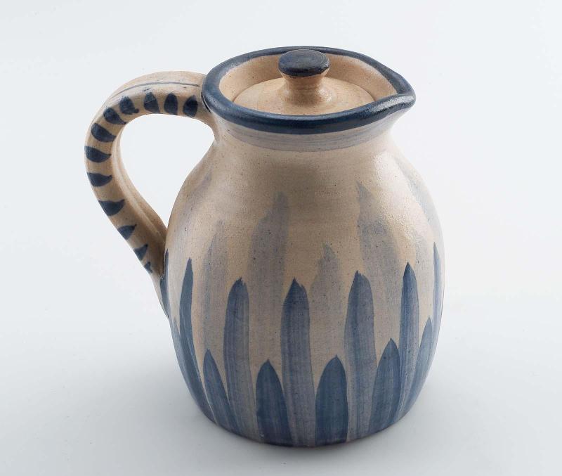 Blue vertical brush covered pitcher with lid