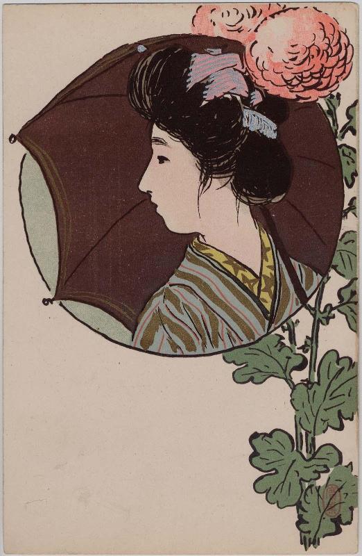 Woman with Umbrella and Chrysanthemums