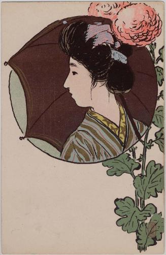 Woman with Umbrella and Chrysanthemums