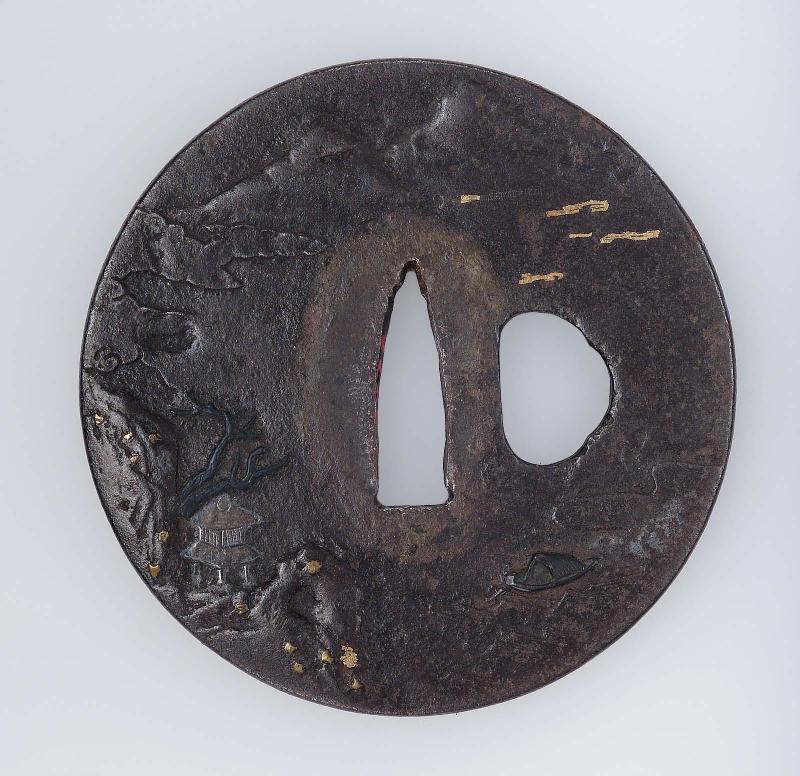 Tsuba with design of pavilion, boat and mountains