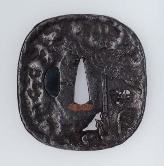 Tsuba with design of rustic dwelling and chickens