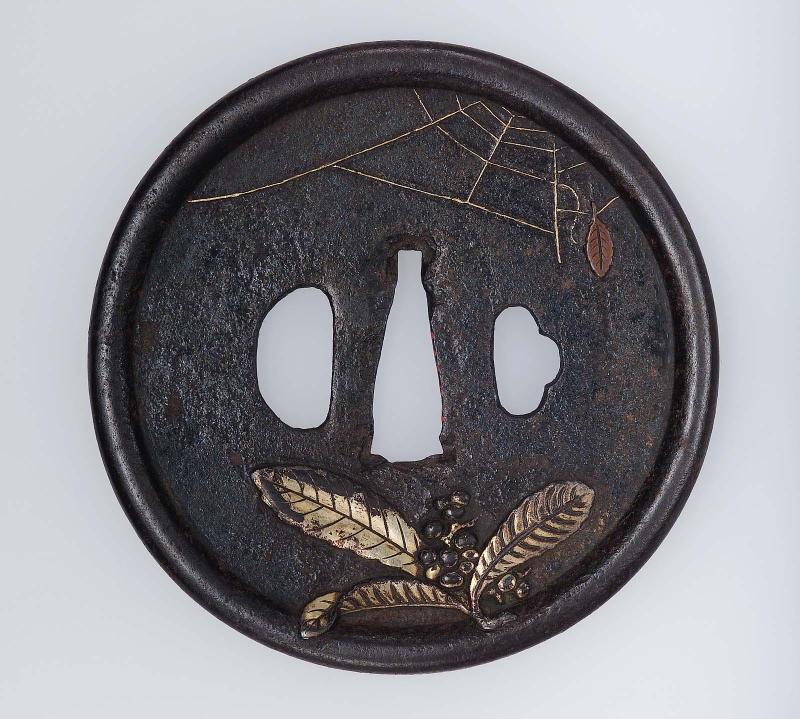 Tsuba with design of fruiting branch, spider and plantain