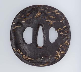 Tsuba with design of mountains, pine trees, grasses and a boat