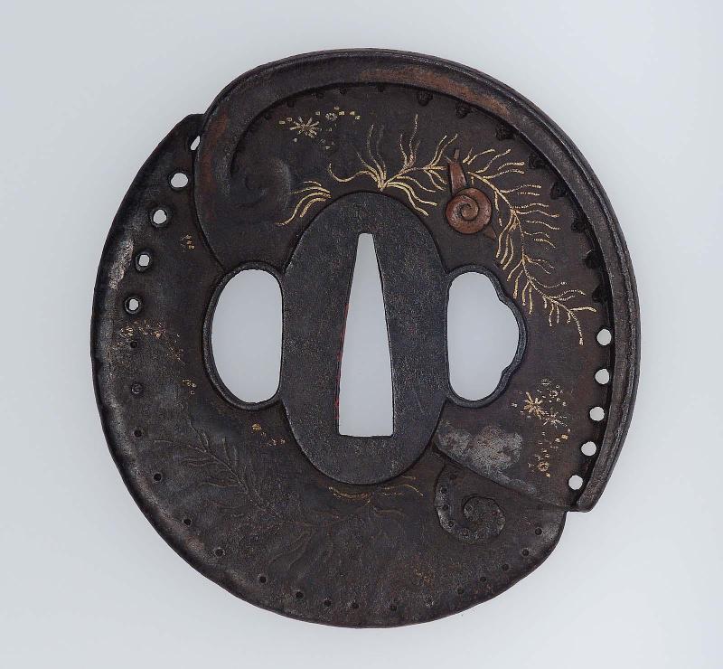 Tsuba modeled as two awabi shells, with design of snails and seaweed