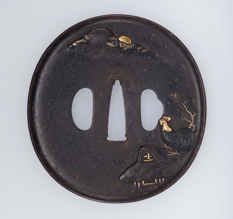 Tsuba with design of rustic dwelling, cockerel, mountain and sun