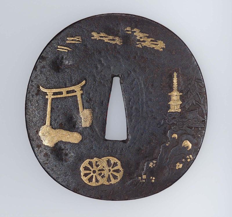 Tsuba with design of torii, carriage wheels and pagoda in a landscape