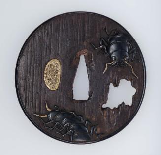 Tsuba with design of beetles and rotting wood