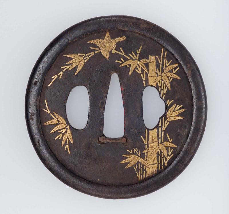Tsuba with design of sparrows and bamboo