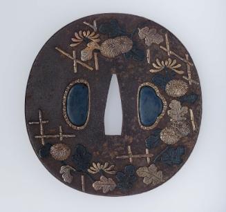 Tsuba with design of chrysanthemums and trellis