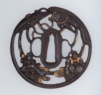 Tsuba with design of umbrella, raincoat (mino), Daikoku and Ebisu