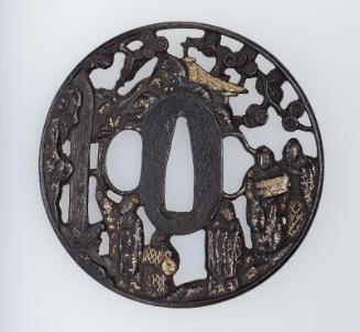 Tsuba with design of Chinese sages and attendant, waterfall and pine tree