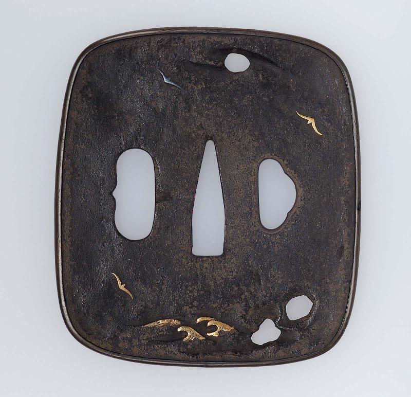 Tsuba with design of birds and waves
