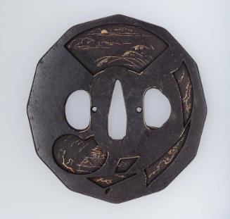 Tsuba with design of landscapes in fan-shapes