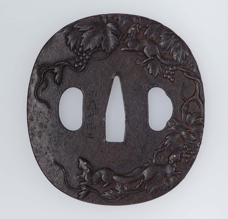Tsuba with design of squirrels and vine