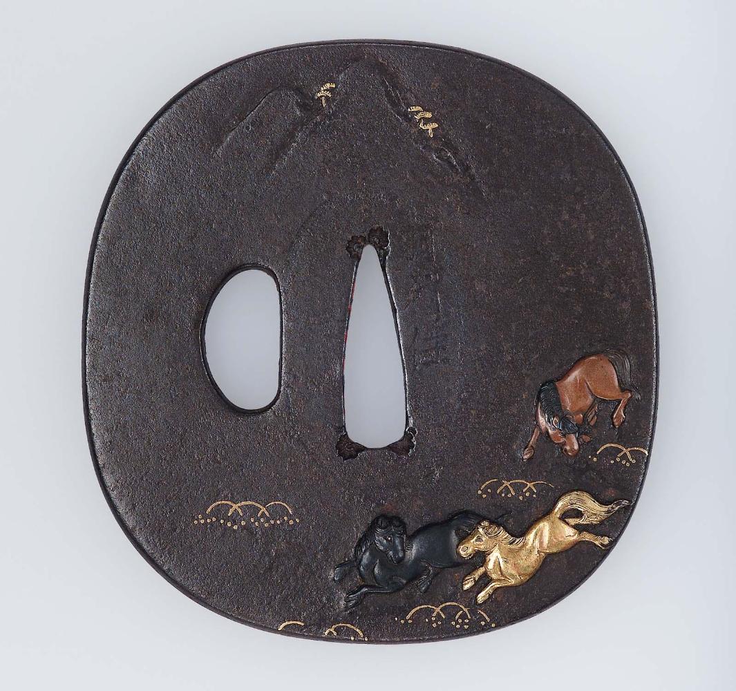 Tsuba with design of horses and mountain