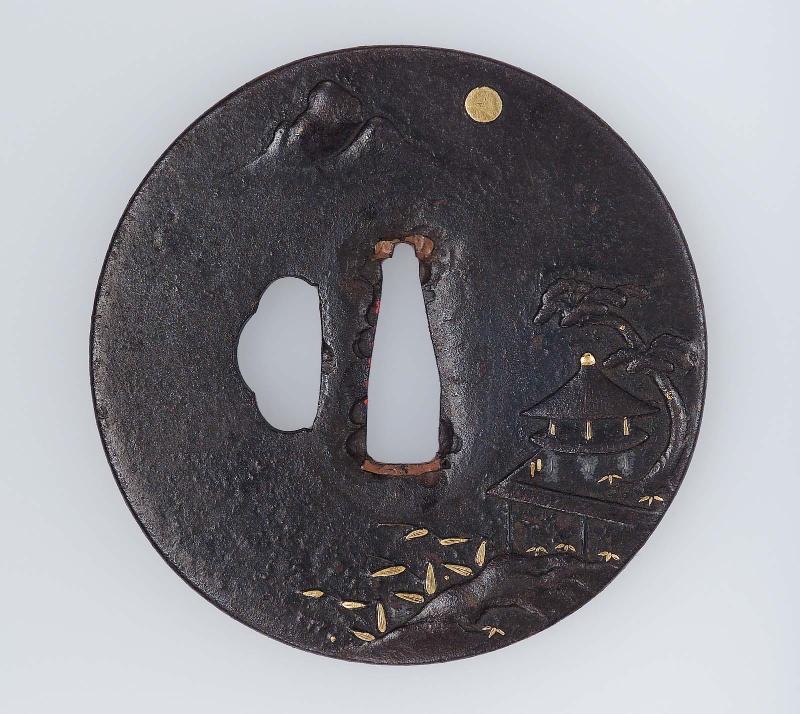 Tsuba with design of garden pavilion, pine tree, mountain and moon