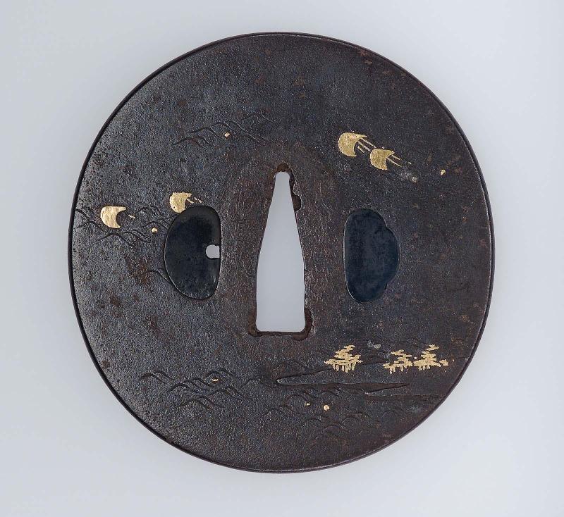 Tsuba with design of sailboats and promontory