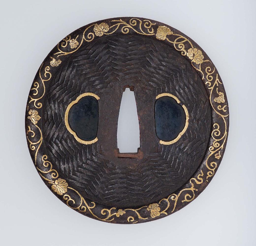 Tsuba with design of basketwork pattern and stylized vine tendrils