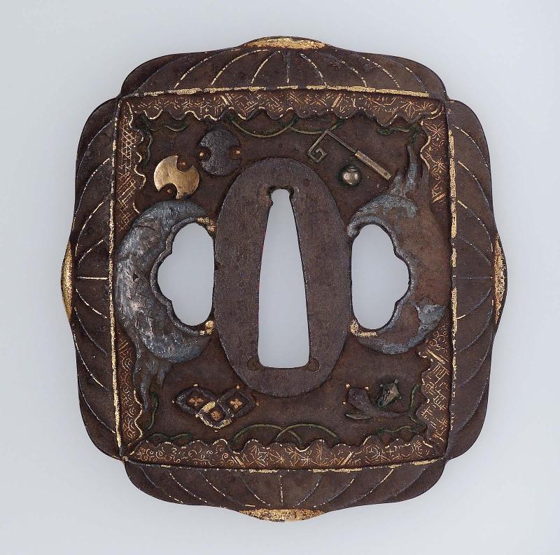 Tsuba with design of butterflies and takaramono