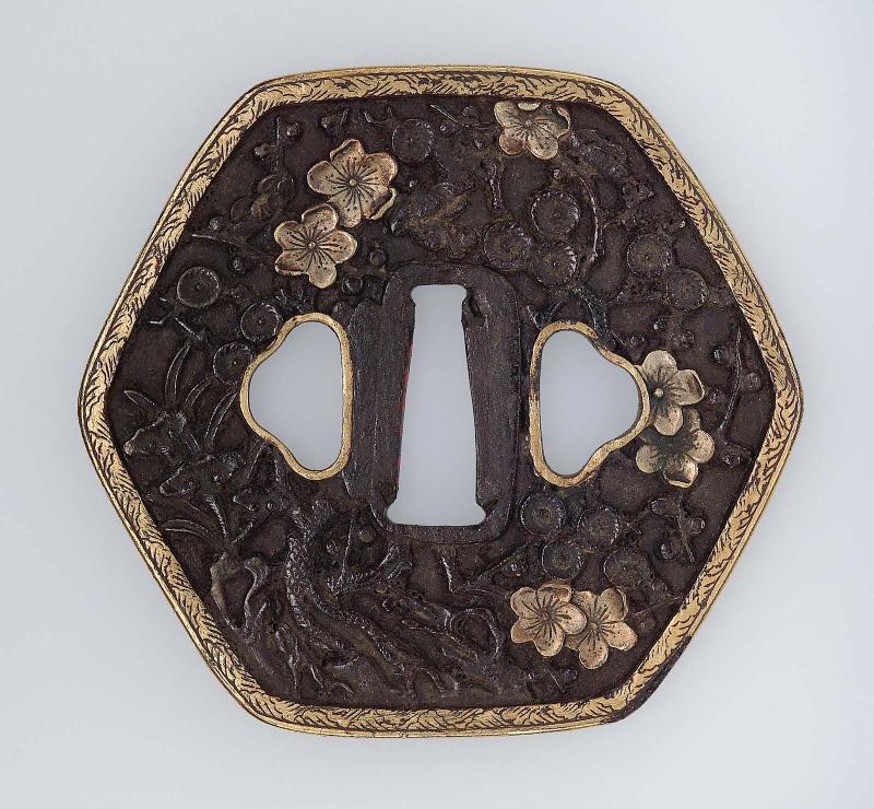 Tsuba with design of cherry blossom and lotus