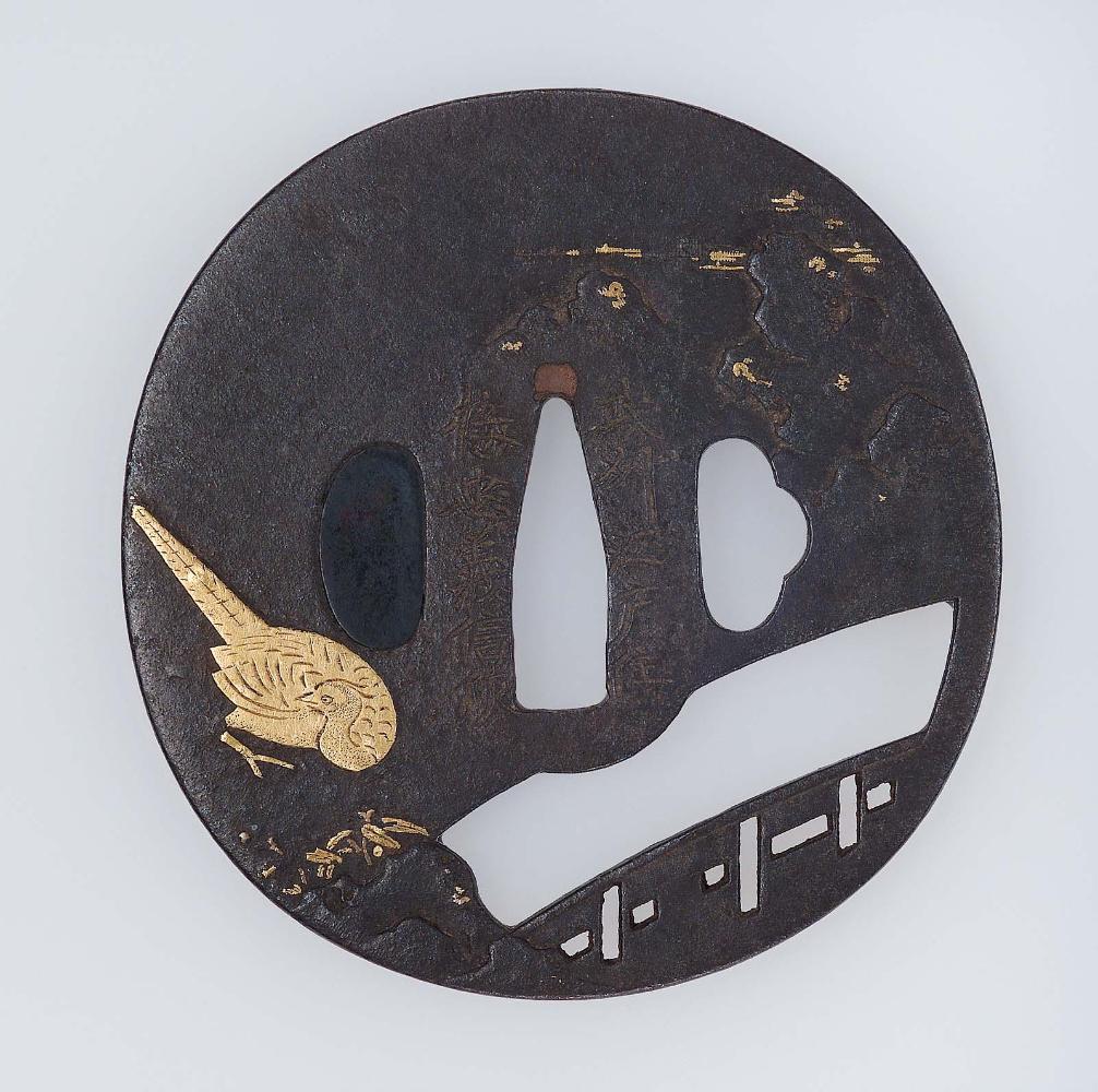 Tsuba with design of pheasant, bridge and clouds