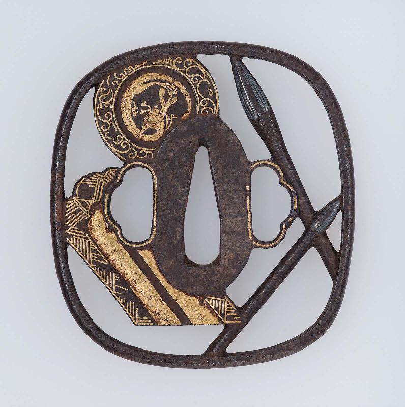 Tsuba with design of ink-sticks and brushes