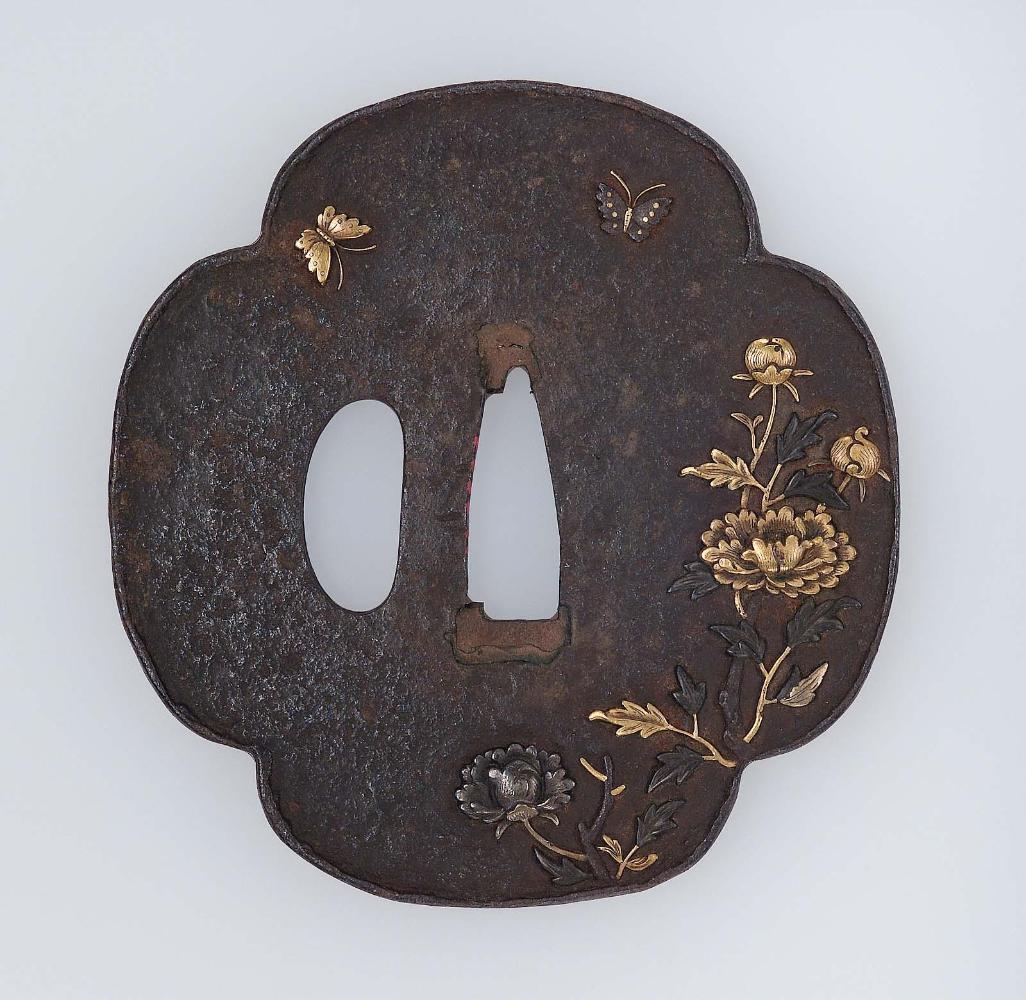 Tsuba with design of peonies and butterflies